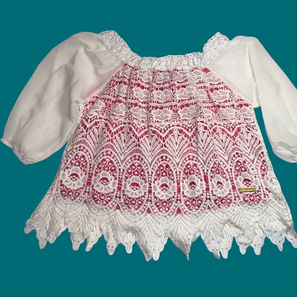 Denimland Collection Pink White Crochet Lace Off‎ Shoulder Blouse Top